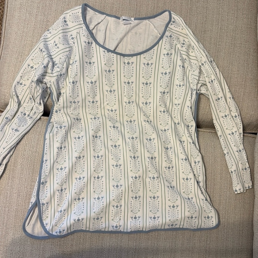 LAKE pajamas light blue, green, and white patterned pajama top